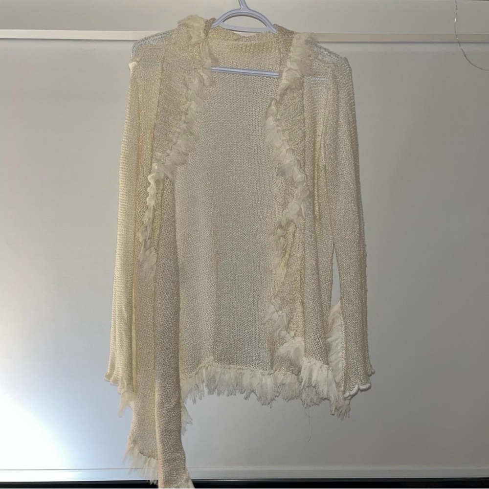 Cream Cardigan with Fringe and Bell Sleeves